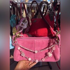 Coach Pink Suede Hampton Women's Bag with Beaded Chain
